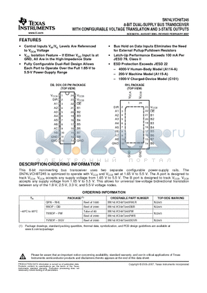 74LVCH8T245DBRE4 datasheet - 8-BIT DUAL-SUPPLY BUS TRANSCEIVER WITH CONFIGURABLE VOLTAGE TRANSLATION AND 3-STATE OUTPUTS