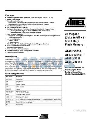 AT49BV3218 datasheet - 32-megabit (2M x 16/4M x 8) 3-volt Only Flash Memory