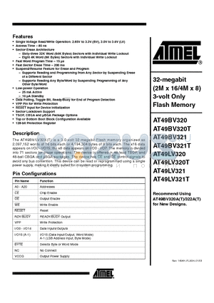 AT49BV320T-90TI datasheet - 32-megabit (2M x 16/4M x 8) 3-volt Only Flash Memory