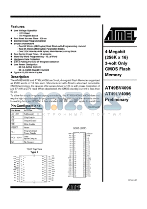 AT49BV4096-15TI datasheet - 4-Megabit 256K x 16 3-volt Only CMOS Flash Memory