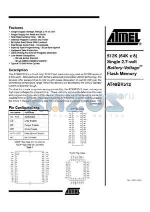 AT49BV512 datasheet - 512K 64K x 8 Single 2.7-volt Battery-Voltage Flash Memory