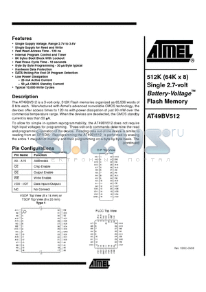 AT49BV512-15JI datasheet - 512K 64K x 8 Single 2.7-volt Battery-Voltage Flash Memory