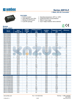 AM1G-1207SH30Z datasheet - 1 Watt | DC-DC Converter