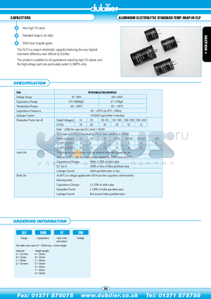 CLP1000BE200 datasheet - ALUMINIUM ELECTROLYTIC STANDARD TEMP. SNAP-IN CLP
