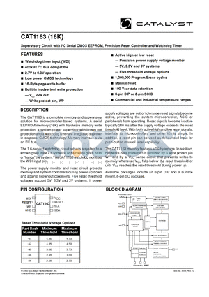 CAT1163JI-25TE13 datasheet - Supervisory Circuit with I2C Serial CMOS EEPROM, Precision Reset Controller and Watchdog Timer