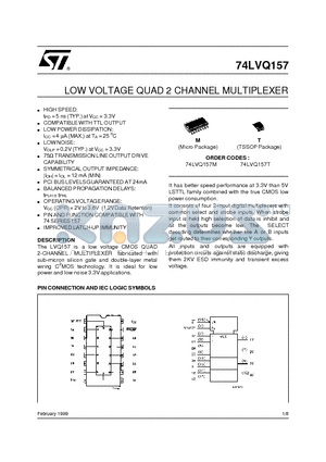 74LVQ157M datasheet - LOW VOLTAGE QUAD 2 CHANNEL MULTIPLEXER