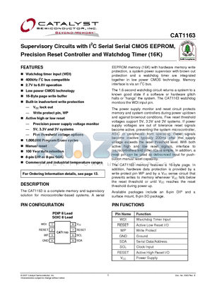 CAT1163LI-45T3 datasheet - Supervisory Circuits with I2C Serial Serial CMOS EEPROM, Precision Reset Controller and Watchdog Timer