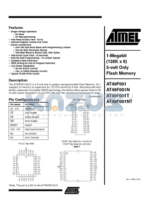 AT49F001-90JC datasheet - 1-Megabit 128K x 8 5-volt Only Flash Memory