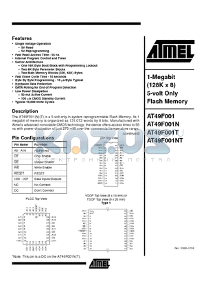 AT49F001-90PI datasheet - 1-Megabit 128K x 8 5-volt Only Flash Memory