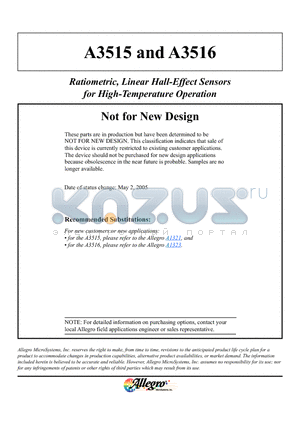 A3515EUA datasheet - RATIOMETRIC, LINEAR HALL-EFFECT SENSORS FOR HIGH-TEMPERATURE OPERATION