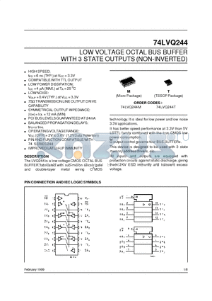 74LVQ244T datasheet - LOW VOLTAGE OCTAL BUS BUFFER WITH 3 STATE OUTPUTS NON-INVERTED
