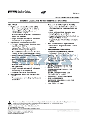 DIX4192 datasheet - Integrated Digital Audio Interface Receiver and Transmitter