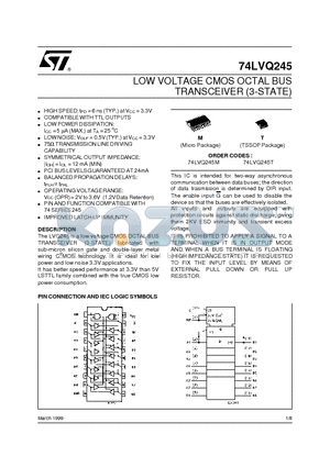 74LVQ245T datasheet - LOW VOLTAGE CMOS OCTAL BUS TRANSCEIVER 3-STATE