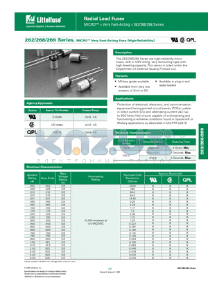 0262.002V datasheet - 262/268/269 Series, MICRO Very Fast-Acting Fuse (High-Reliability)