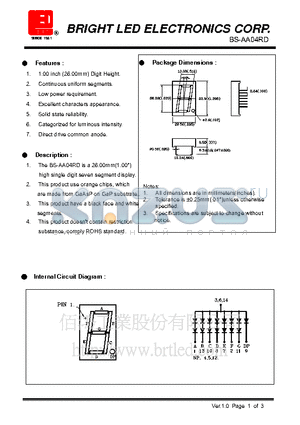 BS-AA04RD datasheet - 26.00mm (1.00) high single seven segments display