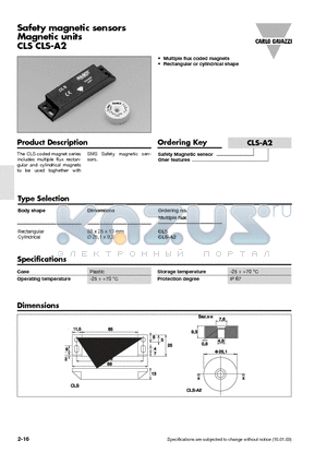 CLS-A2 datasheet - Safety magnetic sensors Magnetic units