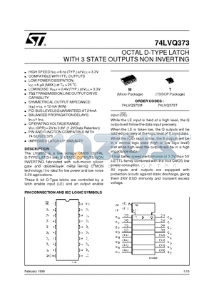 74LVQ373M datasheet - OCTAL D-TYPE LATCH WITH 3 STATE OUTPUTS NON INVERTING
