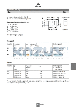 B66206-A2010 datasheet - E 20/10/6 (EF 20) Core