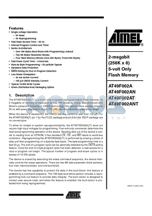 AT49F002-50JC datasheet - 2-Megabit 256K x 8 5-volt Only Flash Memory