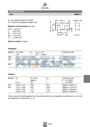 B66206-J1106-T1 datasheet - E 20/10/6 (EF 20) Core