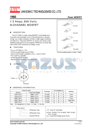 1N60-TN3-R datasheet - 1.2 Amps, 600 Volts N-CHANNEL MOSFET