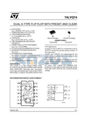 74LVQ74 datasheet - DUAL D-TYPE FLIP FLOP WITH PRESET AND CLEAR
