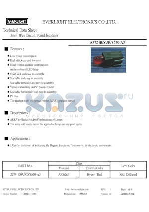A3724B/SUR/S530-A3 datasheet - 3mm 1Pcs Circuit Board Indicator