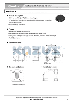 CLS4D28NP-1R1NB datasheet - Power Inductor & 2 in 1 Transformer < CLS Series>