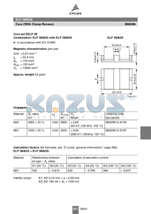 B66289-G-X187 datasheet - ELP 38/8/25 Core (With Clamp Recess)