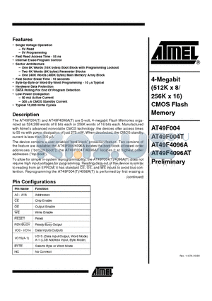 AT49F004T-70TI datasheet - 4-Megabit 512K x 8/ 256K x 16 CMOS Flash Memory