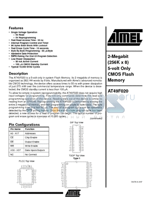 AT49F020-55PC datasheet - 2-Megabit 256K x 8 5-volt Only CMOS Flash Memory