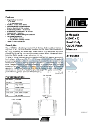 AT49F020-70JC datasheet - 2-Megabit 256K x 8 5-volt Only CMOS Flash Memory