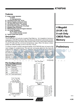 AT49F040-12TI datasheet - 4 Megabit 512K x 8 5-volt Only CMOS Flash Memory