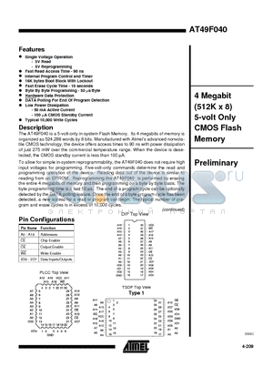 AT49F040-70JC datasheet - 4-Megabit 512K x 8 5-volt Only CMOS Flash Memory
