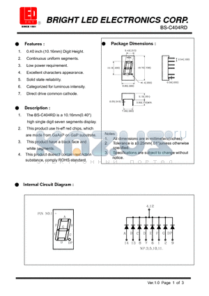 BS-C404RD datasheet - 10.16mm(0.40) high single seven segments display