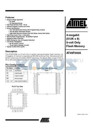 AT49F040A-70TI datasheet - 4-megabit (512K x 8) 5-volt Only Flash Memory