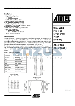 AT49F080T-12CI datasheet - 8-Megabit 1M x 8 5-volt Only Flash Memory