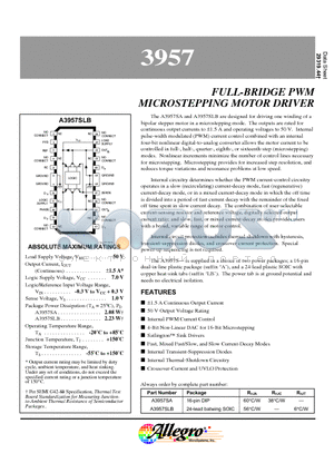 A3957SLB datasheet - FULL-BRIDGE PWM MICROSTEPPING MOTOR DRIVER