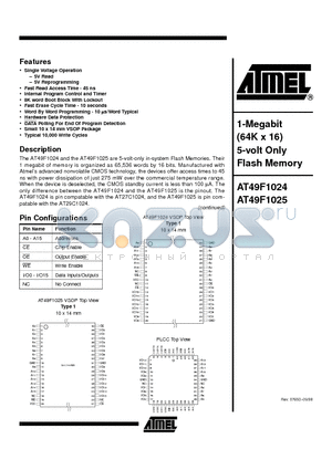 AT49F1024-70VI datasheet - 1-Megabit 64K x 16 5-volt Only Flash Memory