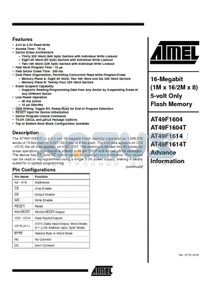 AT49F1604-70TI datasheet - 16-Megabit 1M x 16/2M x 8 5-volt Only Flash Memory