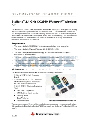 DK-EM2-2560B datasheet - Stellaris^ 2.4 GHz CC2560 Bluetooth^ Wireless Kit