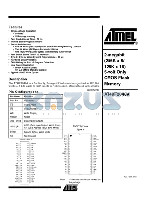 AT49F2048A-70TC datasheet - 2-megabit 256K x 8/ 128K x 16 5-volt Only CMOS Flash Memory