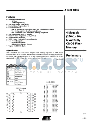 AT49F4096-12TI datasheet - 4 Megabit 256K x 16 5-volt Only CMOS Flash Memory