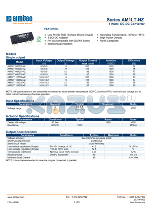 AM1LT-0515S-NZ datasheet - 1 Watt | DC-DC Converter