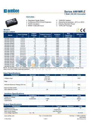 AM1MR-1203SZ datasheet - 1 Watt | DC-DC Converter