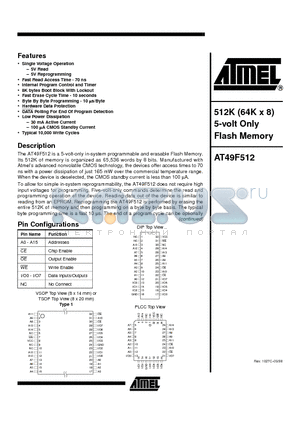AT49F512-90PC datasheet - 512K 64K x 8 5-volt Only Flash Memory
