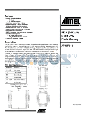 AT49F512-90VC datasheet - 512K 64K x 8 5-volt Only Flash Memory