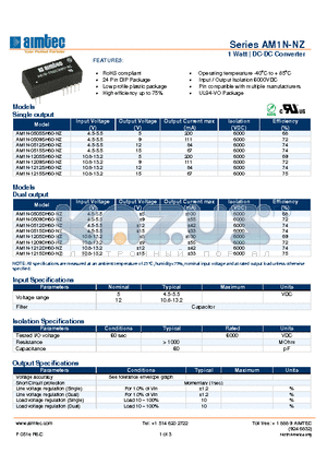 AM1N-0509SH60-NZ datasheet - 1 Watt | DC-DC Converter