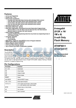 AT49F8011T datasheet - 8-megabit (512K x 16/ 1M x 8) 5-volt Only Flash Memory