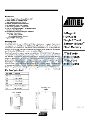 AT49HBV010 datasheet - 1-Megabit 128K x 8 Single 2.7-volt Battery-Voltage Flash Memory
